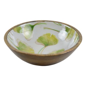 Bol en bois de manguier écologique avec surface intérieure émaillée à motif floral, vaisselle à motif de feuilles vertes - Product Image 1