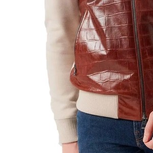 Blouson Bomber en Cuir Gaufré Croco pour Homme, Col Montant, Fermeture Éclair, Style Décontracté Hiver Automne - Product Image 2