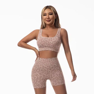 Leopard Print Yoga Set Women 2 Piece Crop <b>Top</b> High Waist Shorts Breathable Spandex Polyester Workout Outfit Square Neck - Product Image 5