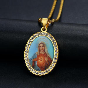 Religious Virgin Mary Photo Pendant Gold Tone Oval Lab Diamond Halo Charm <b>Necklace</b> Christian <b>Catholic</b> Jewelry Gift - Product Image 1