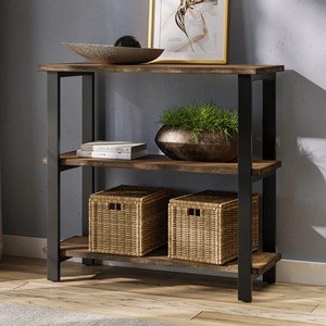 <b>Rustic</b> Wooden Storage <b>Shelf</b> Three-Layer Iron Frame Rectangle Standing Type For Living Room Durable Wicker Baskets Included - Product Image 5