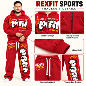 Ensemble de survêtement polaire zippé pour homme RexFit Sports avec pantalon à jambe large à imprimé graphique, poignets côtelés, taille à cordon de serrage, étiquette personnalisée - Product Image 1