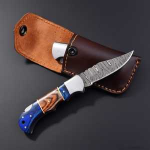 UA Supplies Excellent Quality Damascus Steel Folding <b>Knife</b> Colorful Pakka Wood <b>Handle</b> EDC Pocket <b>Knife</b> with Leather Pouch - Product Image 4
