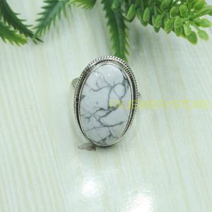 Natural White Howlite Gemstone <b>Ring</b> 925 Sterling Silver Handmade Oval Cabochon Stone <b>Statement</b> Jewelry Boho Vintage Style Women - Product Image 3
