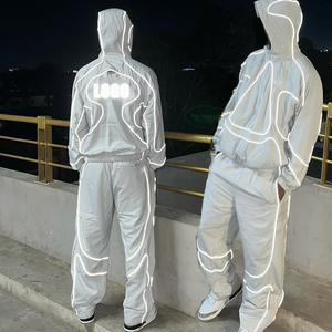 Glow in the Dark Men’s Reflective Piping Tracksuit Set 2-Piece Techwear Windbreaker Hooded Jacket and Jogger <b>Pants</b> - Product Image 1