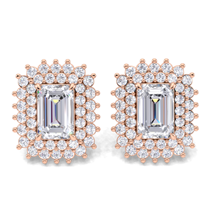 IGI Certified Lab Grown Diamond <b>Emerald</b> Cut Double Halo <b>Stud</b> Earrings 14K Yellow / White / Rose Gold Rectangle Cluster Earrings - Product Image 1