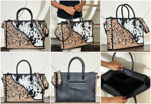 Sac fourre-tout en cuir de vachette personnalisé, motif floral gravé à la main, sac à main western pour femmes, grande capacité, sacs à bandoulière élégants - Product Image 2