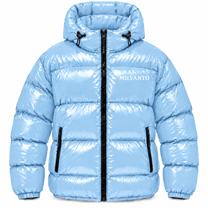 Sky Blue Custom Logo <b>Men</b>’s Puffer <b>Jacket</b> | High Gloss Quilted Down <b>Jacket</b> with <b>Hood</b> | Premium Warm Winter Bubble <b>Jackets</b> - Product Image 1