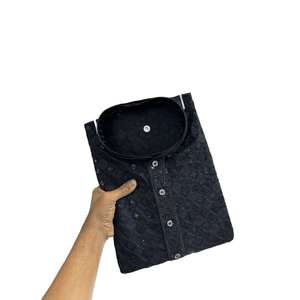 DESIGNER RAYON COTTON MACHINE EMBROIDERY WORK MEN'S KURTA PAYJAMA BLACK - Product Image 1