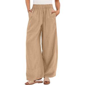 Women's <b>Linen</b> Cotton <b>Wide</b> <b>Leg</b> Pants High Waist Elastic Solid Color Loose Fit Full Length Casual Summer Style Flat Front <b>Trousers</b> - Product Image 2