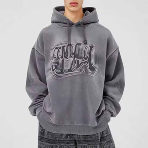 Sweat-shirt à capuche gris foncé délavé à l'acide de haute qualité, coupe lourde, épaules tombantes, imprimé athlétique, vente en gros, streetwear - Product Image 3
