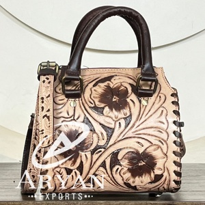 Elegant Travel Mini Handbag Floral <b>Tooled</b> Genuine Cow <b>Leather</b> Stylish Speedy Duffel Bag Cowgirl Vintage Purse for Women's - Product Image 1