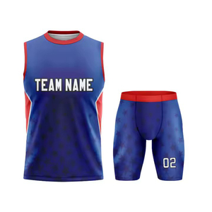 Custom Sublimated Hooded Sleeveless Vest & Shorts Set Moisture Wicking Fitted Sportswear Adult All Seasons Blue Red Dot Pattern - Product Image 6