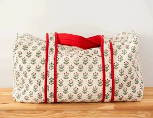 Luxury Floral Pattern <b>Duffel</b> <b>Bag</b> with Red Handles Large Capacity Travel Weekender Polyester Textile Material Zipper Closure - Product Image 5