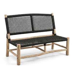 Banc de salle à manger rustique en rotin et teck, 2 places, pieds effilés, mobilier de patio, couleur noire, sans rembourrage, modèle ZKA01, branche de teck - Product Image 1