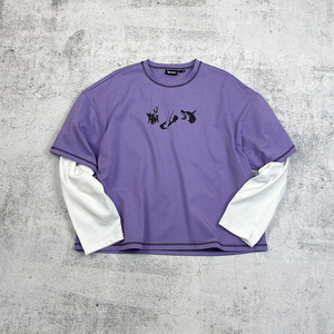 T-shirt Homme Oversize Violet avec Imprimé Noir Col Rond Manches Courtes Style Urbain Bordure Contrastante 100% Coton Tricoté - Product Image 1