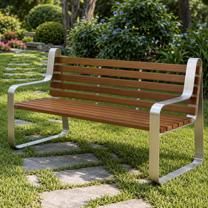 Modern Outdoor <b>Garden</b> <b>Bench</b> with Brown Wooden Slats and Silver <b>Metal</b> Frame for Park Patio Lawn Balcony and Public Seating XL - Product Image 1