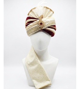 Turbante de terciopelo granate real de diseñador para novio con Safa de seda color marfil, adorno Kalgi y Pagri con perlas, venta al por mayor - Product Image 4