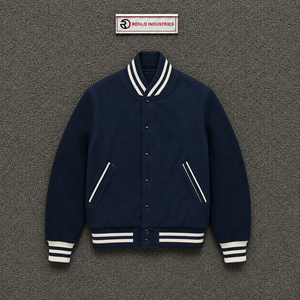 Veste universitaire en laine bleu marine, veste de baseball classique avec col, poignets et ourlet côtelés à rayures blanches, boutons-pression noirs - Product Image 5