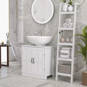 Mobile Bagno Stile Rustico con Lavabo, Ripiano Regolabile, Piedistallo e Specchio LED, Vanità in Legno Massello Bianco - Product Image 1