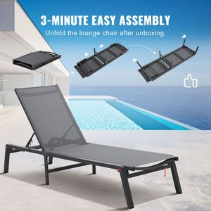 Chaise longue de patio réglable en aluminium à 5 positions, chaise longue pliante d'extérieur, chaise longue de piscine confortable à 5 positions - Product Image 2