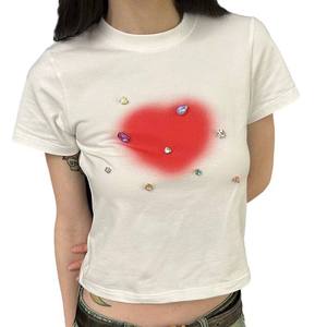 Custom Women Rhinestone Crop Top <b>T</b> <b>Shirt</b> Round Neck Short Sleeve Slim <b>Fit</b> Y2K Fashion Tee <b>Cropped</b> Streetwear Top Custom Logo - Product Image 3