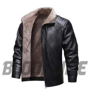 Men's Brown PU Leather <b>Jacket</b> With Faux Fur Lining Stand Collar Zipper Closure Moto <b>Biker</b> Style Winter Wear - Product Image 5