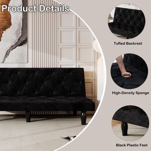 Divano Letto in Velluto Nero da 66 Pollici, Elegante Trasformazione in Letto per Soggiorni Familiari e Appartamenti, Trasformazioni Eleganti nelle Camere da Letto - Product Image 3