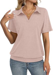 Polo de Punto de Manga Corta Negro para Mujer, Premium, Casual, Corte Regular, Color Sólido, Cuello en V, Camisetas Polo ODM - Product Image 5