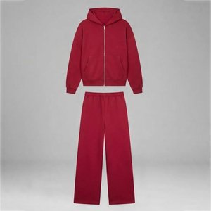Nouvel Arrivage Survêtement à Capuche Rouge avec Logo Personnalisé, Pantalon de Survêtement Long Couleur Unie Décontracté avec Poches Latérales et Fermeture Éclair, Coupe Ample - Product Image 1
