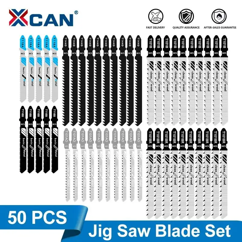 XCAN Jig Saw Blade Set 50pcs Assorted T-Shank Jig Saw Blades for Wood Plastic and Metal Cutting T118AT118BT101AOT101BT101BR