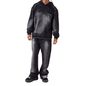 <b>Mens</b> Black Dip Dye Hooded Tracksuit Set Full Sleeve Loose Fit Sweatshirt With Side Pockets Streetwear Autumn Style - Product Image 1