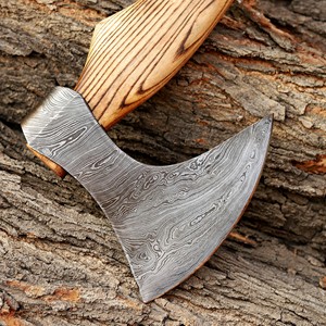 Nordic Forge Hand Forged Damascus Steel Camping <b>Axe</b> Ash Wood <b>Handle</b> Leather Sheath Industrial Grade Custom OEM 6.5" Bearded Head - Product Image 3