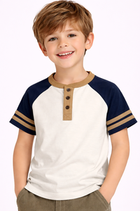 Boys Classic Contrast Raglan Henley T-<b>Shirt</b> – Soft Cotton <b>Half</b> Sleeve Kids Casual Tee with <b>Button</b> Placket and Striped Sleeve - Product Image 4