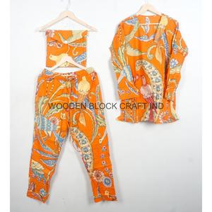 Conjunto de Pijama de Algodón Estampado Naranja para Mujer con Patrón de Aves y Flores, Manga Larga, Cintura Elástica, Ropa de Dormir Casual Ecológica - Product Image 5