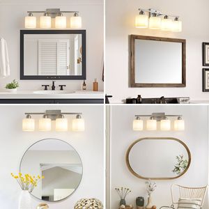 Lampada da Bagno Moderna a 4 Luci, Finitura Nichel Spazzolato con Paralume in Vetro Satinato Bianco Latte, Applique da Parete - Product Image 6