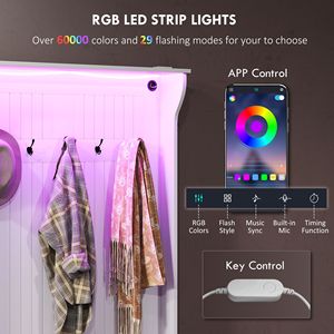 Panca da Ingresso 3-in-1 Bianca con Luci LED, Appendiabiti e Scarpiera, Mobile da Ingresso con 5 Ganci per Corridoio - Product Image 4