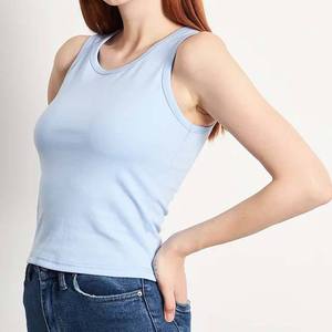 Camiseta sin Mangas de Punto Azul Claro para Mujer, Cuello Redondo, Color Sólido, Informal, Largo Regular, 100% Algodón - Product Image 4