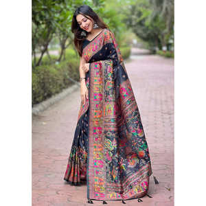 Sari de Seda Cachemir Pashmina Negro Jade de Elite Weaves con Zari Tejido, Ropa India y Pakistaní, 700g - Product Image 3