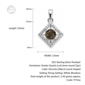 Pendentif carré en argent sterling plaqué rhodium avec quartz fumé serti griffe, fait main, style minimaliste – Vente en gros tendance Rhaya Jewels - Product Image 2