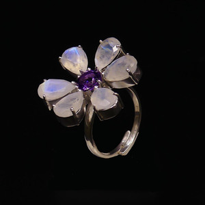 Wedding Wear 925 Sterling Silver Gold Plated Jewelry White <b>Rainbow</b> Moonstone Amethyst Gemstone Classic Ring - Product Image 1