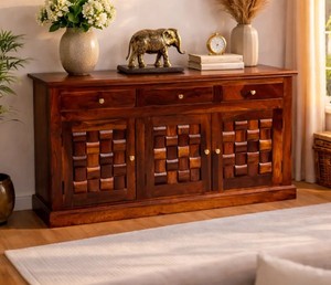 Indian Rosewood Checkered Door Credenza Wooden Dining Room Storage Console Table Pindel Handicraft - Product Image 1