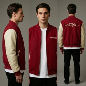 Mens Burgundy Wool <b>Jacket</b> Cream Sleeves Rib Knit Collar Cuffs Full Zip Front Premium Casual Streetwear Custom Outerwear <b>Jacket</b> - Product Image 5