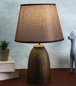 Rustic Ceramic Table <b>Lamp</b> with Brown Fabric Drum Shade <b>Warm</b> Light for Bedroom Decor - Product Image 3