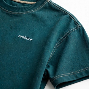 Camiseta Casual de Manga Corta para Hombre Amkoor, Color Verde Azulado, Cuello Redondo, Corte Regular, Tejido Jersey, Color Sólido, Logotipo Frontal, Transpirable, Ecológica, 220g - Product Image 6