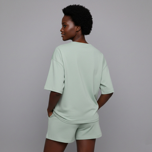 Nouvel ensemble deux pièces vert menthe pour femme 2026 – T-shirt à manches courtes et short décontracté coupe régulière pour printemps/été en Spandex/Coton - Product Image 4