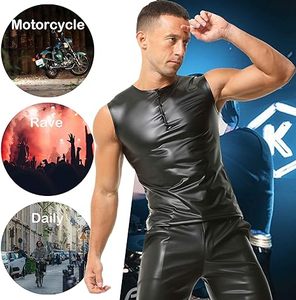 เสื้อกล้ามหนังเทียมสำหรับผู้ชายเสื้อกล้ามหนังเทียมสำหรับผู้ชายคอกลมใส่สบายไหล่กว้างหนังสิทธิบัตร - Product Image 4