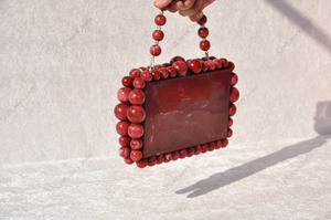 Luxury <b>handmade</b> red resin clutch bag with beaded handle for women evening party wedding designer hard case handbag - Product Image 2