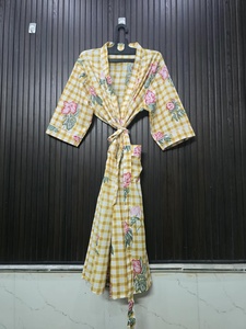 Bata Kimono de Algodón para Mujer, Cuello en V, Larga, Estampado Floral, Ligera, para Baño, Verano, Ropa de Estar por Casa, Camisón Informal - Product Image 1