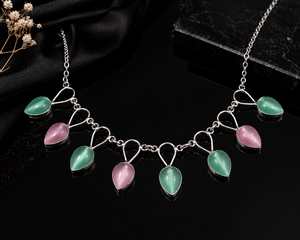 Collar Étnico de Latón Plateado con Circonitas en Forma de Lágrima, Estilo Bohemia para Mujer, Cadena de Caja, Engaste de Bisel Verde y Rosa - Product Image 2